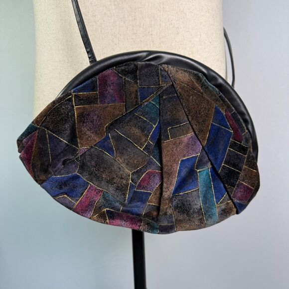 70s-80s Look Clamshell Velvet Purse Long Strap, Geometric Colorful Pattern 2/$50 - Picture 4 of 14